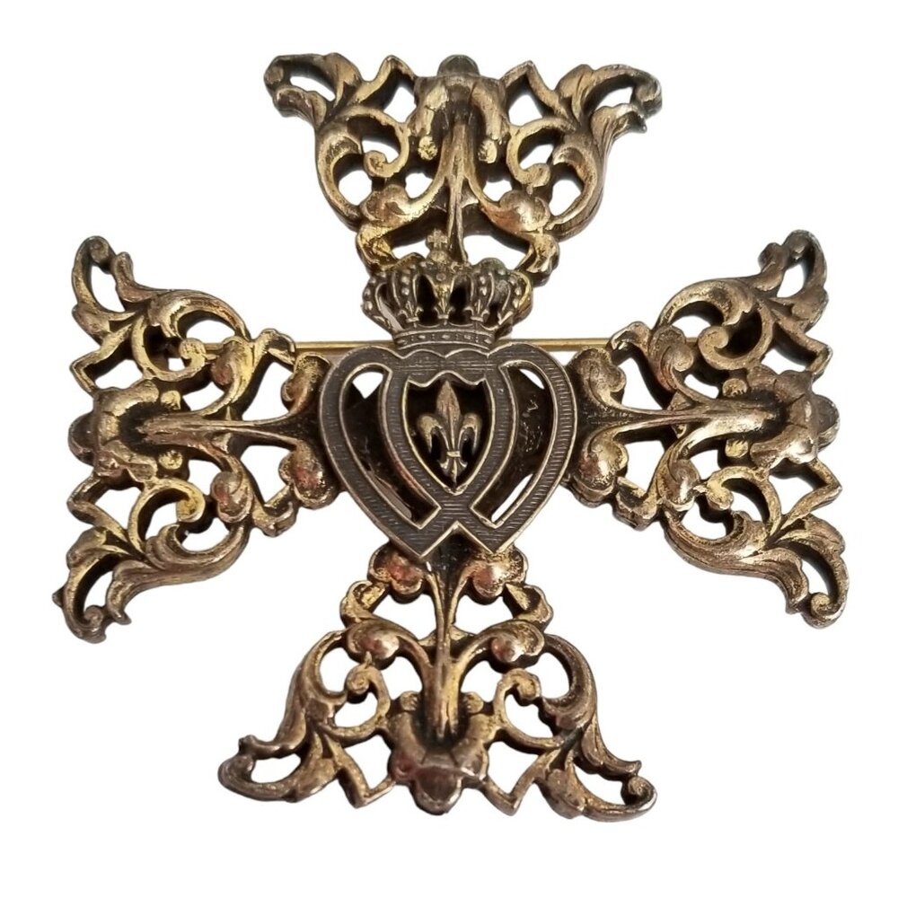 Accessocraft NYC Gold Tone Heart Crown Maltese Cross Brooch, Signed M21